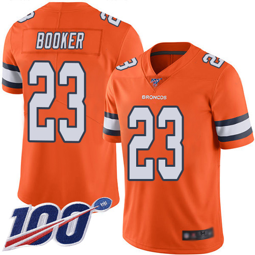 Men Denver Broncos 23 Devontae Booker Limited Orange Rush Vapor Untouchable 100th Season Football NFL Jersey